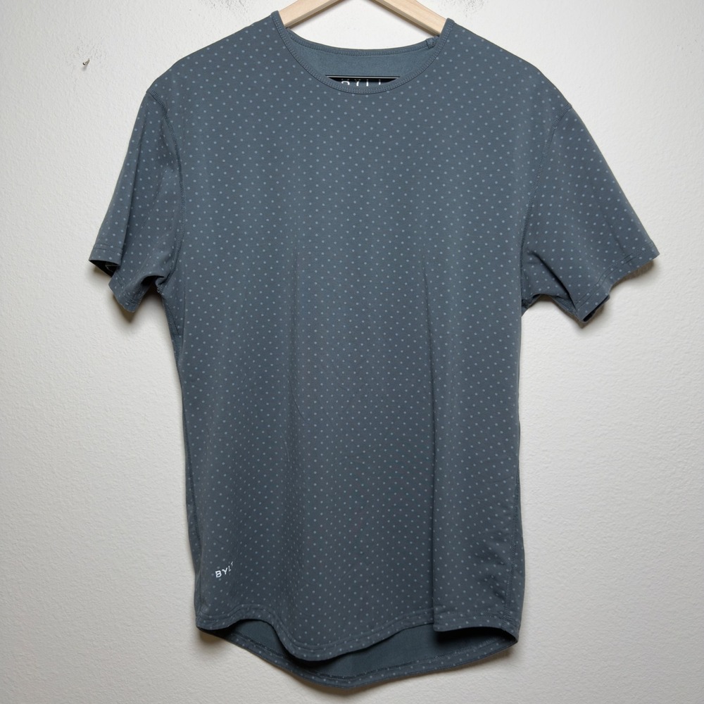 BYLT Mens Cotton Drop Cut S/S Luxe T-Shirt Large Blue Polka Dot Curved Hem